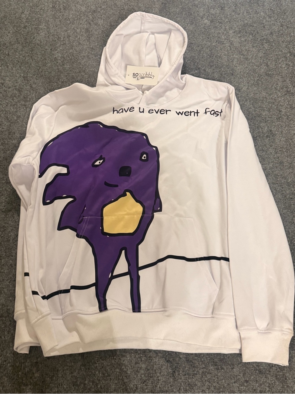 White Hoodie with Purple Character Graphic